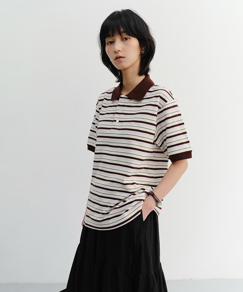 Deonseuteu Unisex Striped Polo Shirt_Udts6B121_Brown