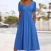 Women's V Neck Short Sleeve Empire Waist Solid Color Ruched Midi Dress Casual A Line Dress