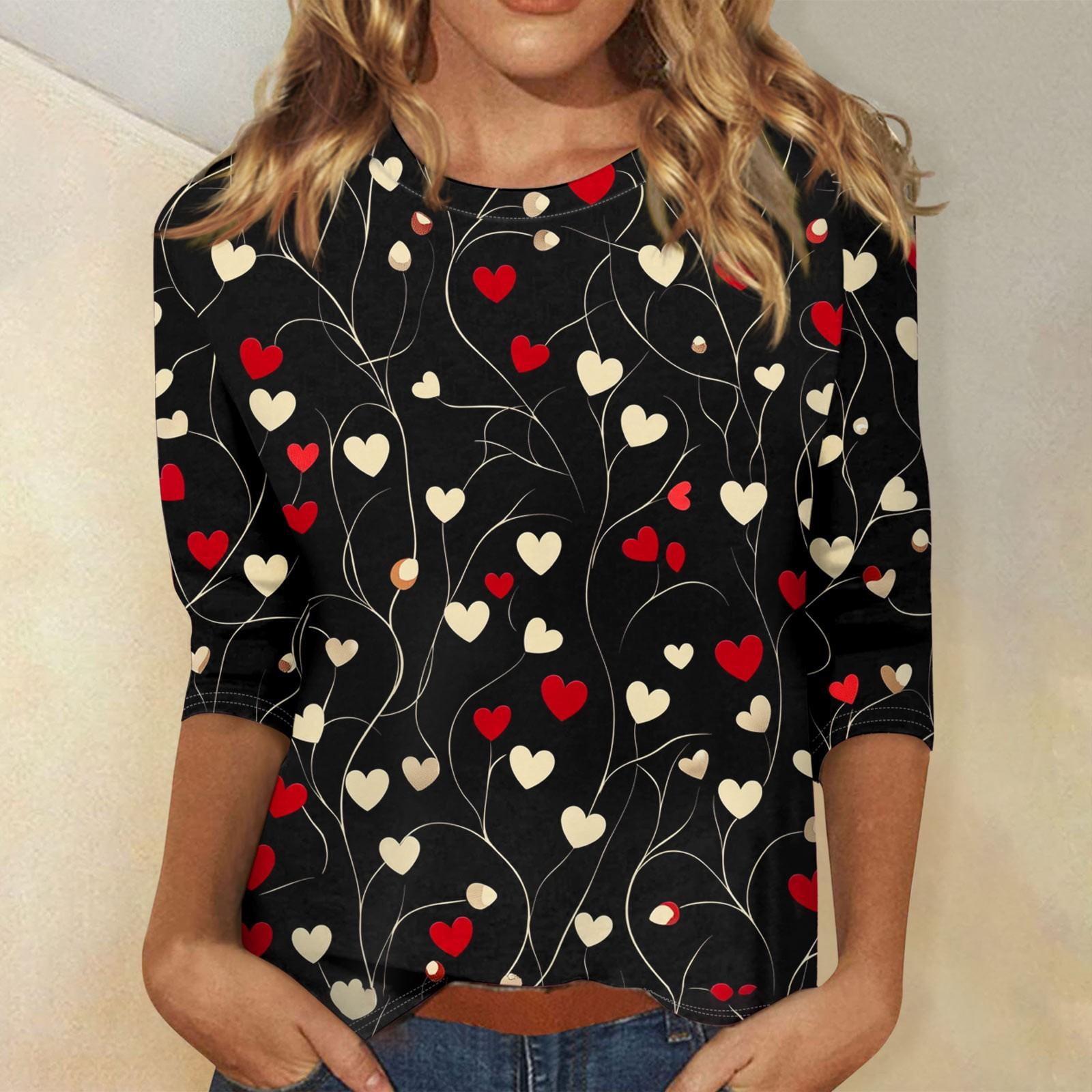 

Жіночі топи Вільна футболка з принтом до Дня Святого Валентина з круглим вирізом і рукавом три чверті XL кавун червоний колір