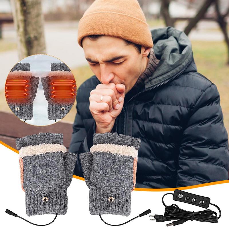 Electric Heating Gloves Knitting Heated Cold Weather Mittens With 3 Heat Settings Full & Half Fingers Warmer For Hiking Winter