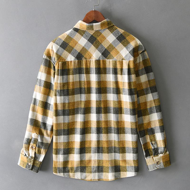 Autumn and Winter Shirts for Men American Retro Dropped Shoulder Plaid Shirt Men Long Sleeve Pure Cotton Casual Tops