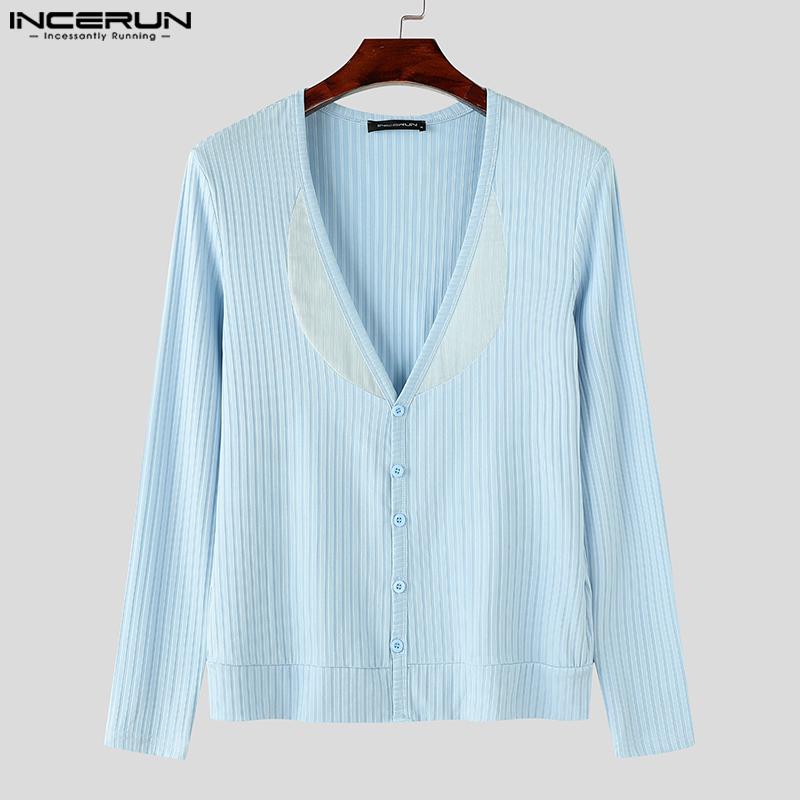 INCERUN Herren Tiefer V-Ausschnitt Langarm Gestrickte Unterhemden Lässige Patchwork Rippen Gestreifte Oberteile