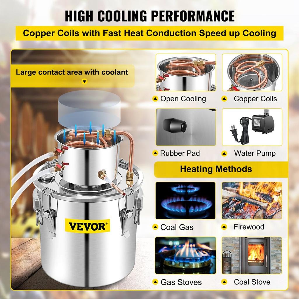 Alcohol Still, 50L Stainless Steel Water Alcohol Distiller W/ Condenser, 13.2Gal Wine Making Boiler W/ Copper Tube, Home Brewing Kit W/ Built-in