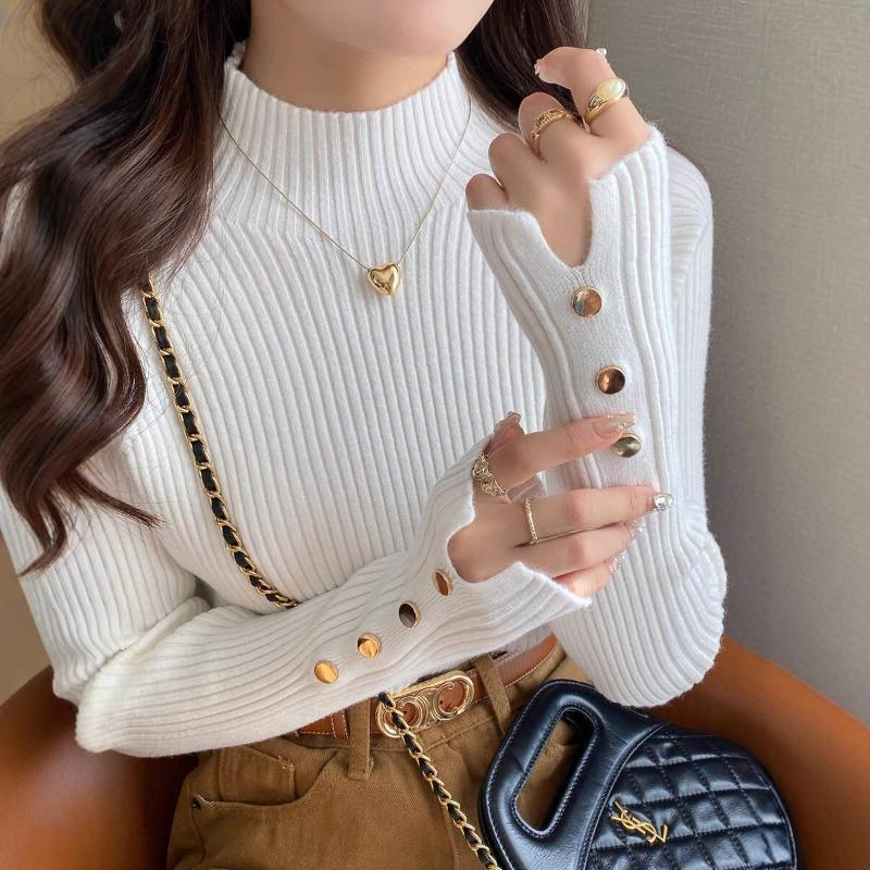 White Bottoming Shirt Women's Autumn and Winter New Semi-turtleneck Sweater with Knitted Long-sleeved Top