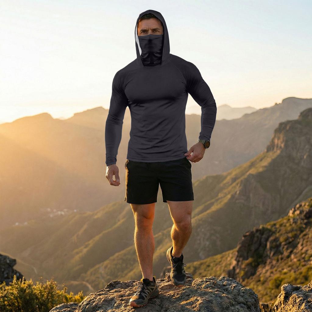 Herren Langarm-Sonnen-Hoodie mit Gesichtsschutz, Leichter, Atmungsaktiver Sport-Pullover für Outdoor-Aktivitäten