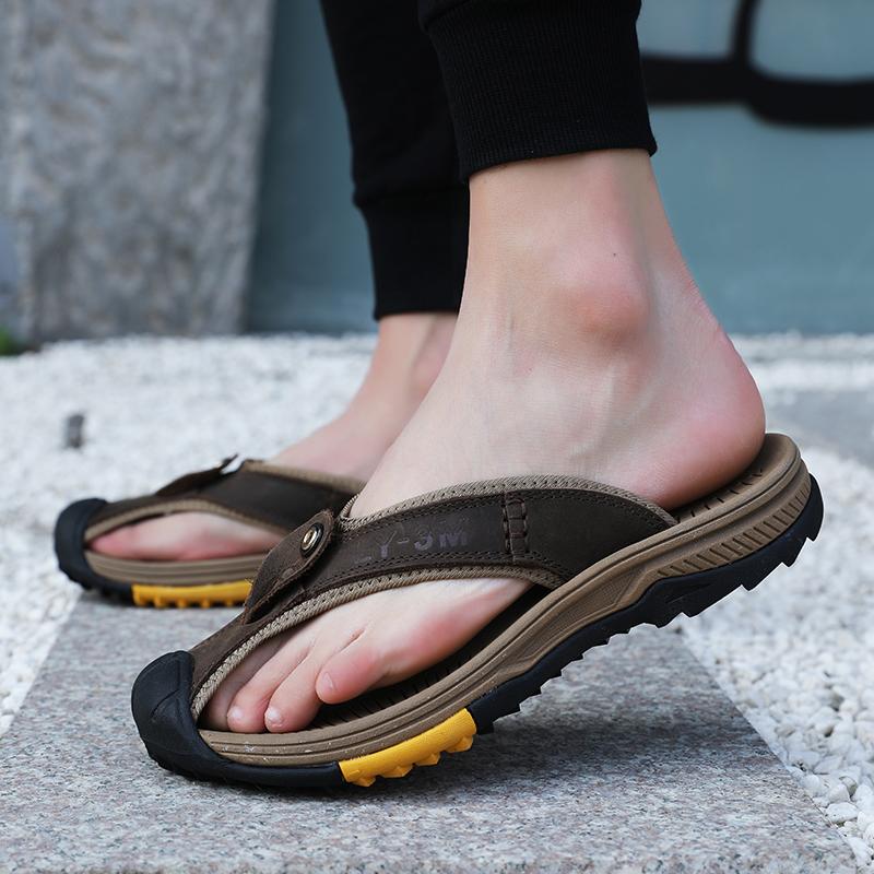 Fashion FUQIAO Summer Mens Genuine Leather Slippers Outdoor Flip Flops Men Slipper Casual Chanclas Hombre Flip Flop News Flats