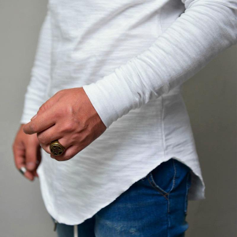 Men Longline Curved Hem Long Sleeve T Shirt Slim Fit Casual Crew Neck Tees