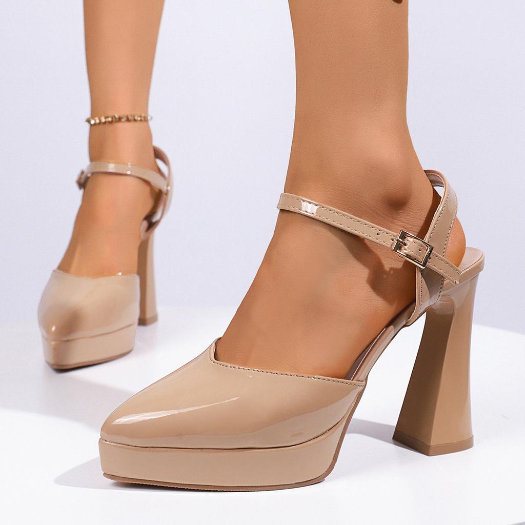 2025 summer pointed thick heel waterproof table high heels women's one-word buckle strap small man heightening bag head sandals