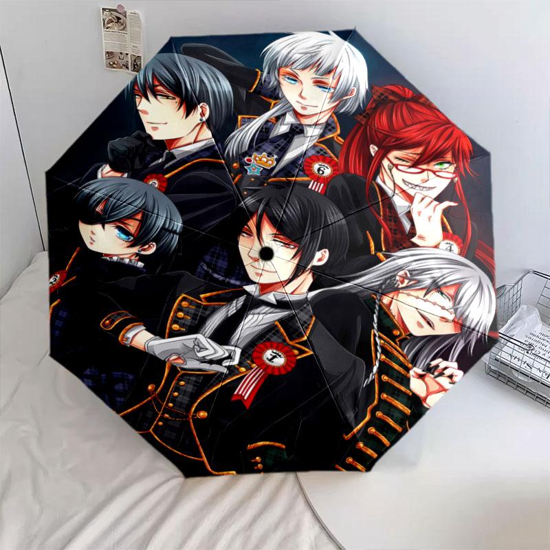 1 PC Automatic Folding Umbrella - Black Butler Pattern Portable Foldable Design With 8 Ribs Christmas Birthday Gifts