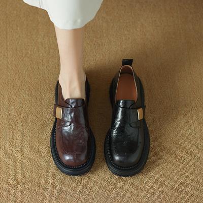 New Retro British Round Head Platform Loafers Hand-scratched Sheepskin One-pedal Single Shoes Women