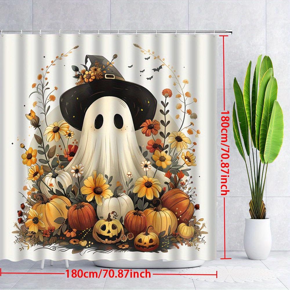 1pc Halloween Witch Hat Shower Curtain Playful Digital Drawing Autumn Flowers Jack-o-lantern Warm Autumn Colors Polyester Fabric
