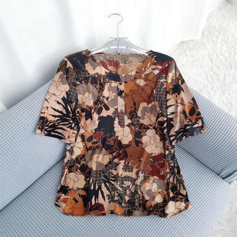 Spandex Silk Satin Tops Middle-Aged and Elderly round Neck Shirt with Half Sleeve T-shirt Mulberry Silk Plus Size Pullover Female Sennu Genuine Goods