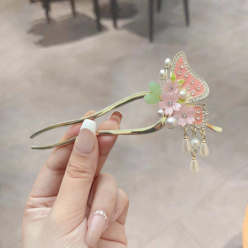 

New Chinese temperament flower butterfly hairpin pearl fringed hairpin ancient Hanfu cheongsam plate head accessories hairpin