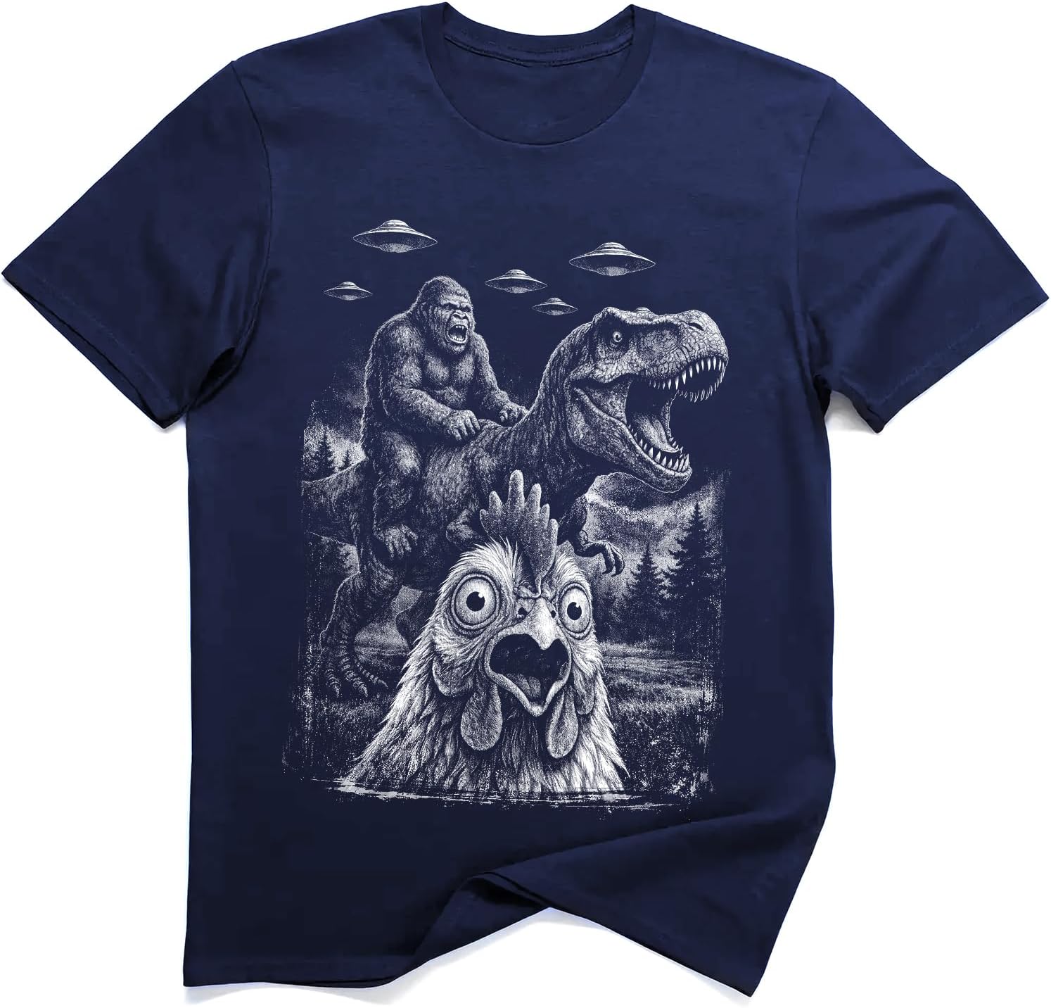 Funny Chicken Reaction Bigfoot T-Rex UFO Graphic Tee S разноцветный