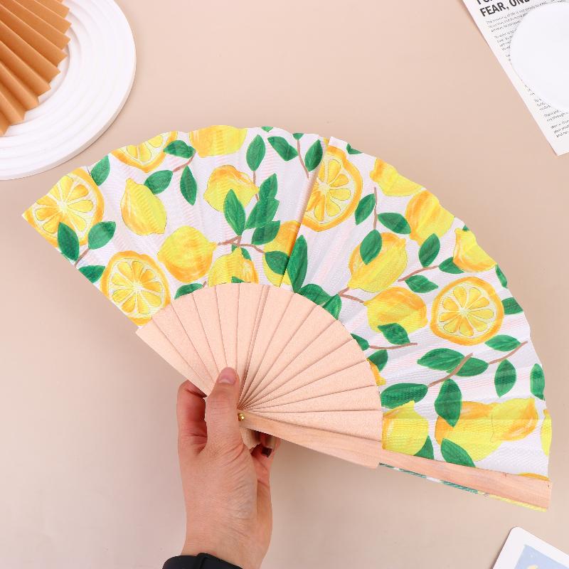 §Éventail Pliant à Imprimé Citron Motif Fruit Bambou Tissu Ventilateur Portatif Pour Rafraîchissement d'Été Performance de Danse Mariage Fête Décor