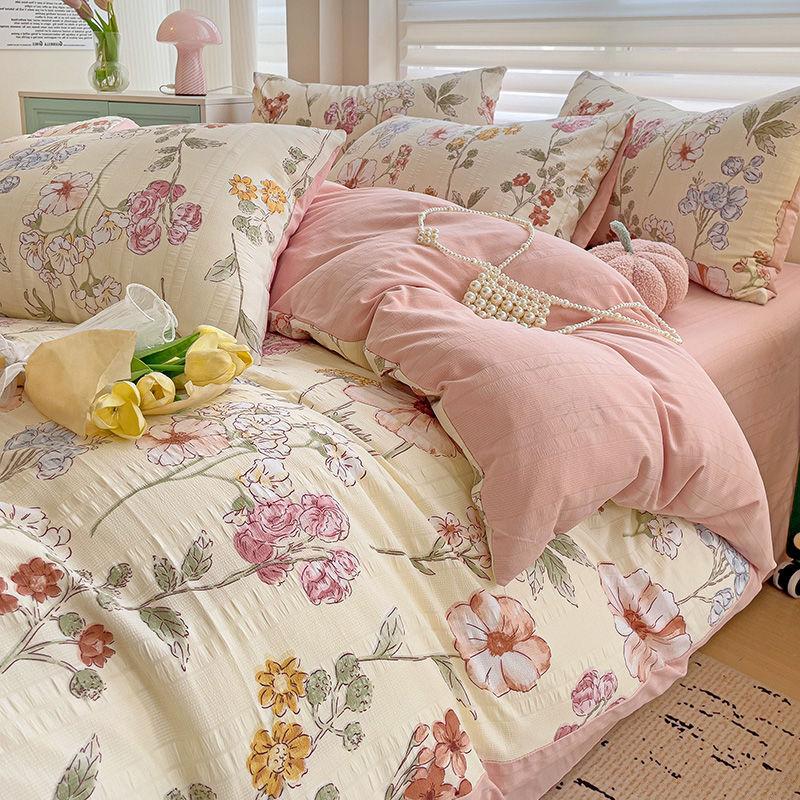 Floral Print French Style Bedding Set Bubble Cotton Duvet Cover Set Washed Cotton Flat Sheet Set Queen For Girl Decor Home