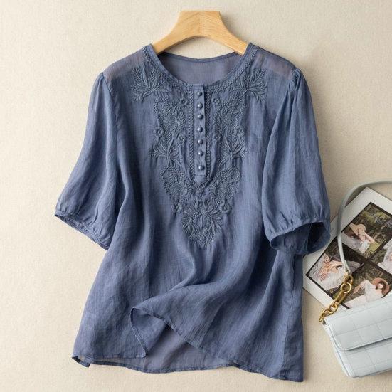 

Женский топ с вышивкой и круглым вырезом, элегантный хлопковый льняной топ с короткими рукавами, летний винтажный топ с вышивкой, женский тканевый топ