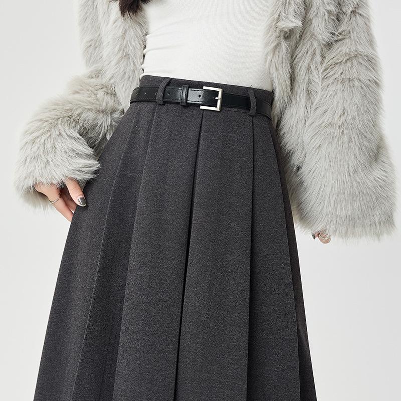 Autumn/Winter 2025 High-Waist Pleated A-Line Skirt - Slimming Woolen Mid-Length for Women