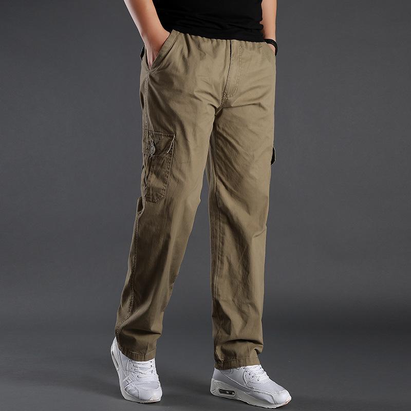 Pure Cotton Casual Large-size Trousers Men's Book Elastic Waistband Multi-pocket Overalls Outdoor Sports