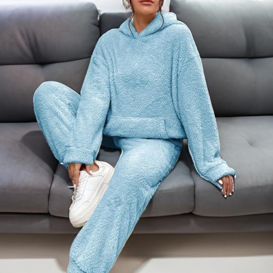 Dámská chlupatá fleecová pyžamová souprava Zimní plyšová mikina přes hlavu s kapucí a kalhoty Lounge set Nadýchané 2dílné noční prádlo
