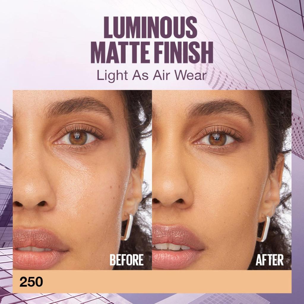 Maybelline New York Super Stay Lumi Matte Liquid Foundation 30H Wear Transfer Proof Lightweight Buildable Coverage For Flawless Skin 250 35ml