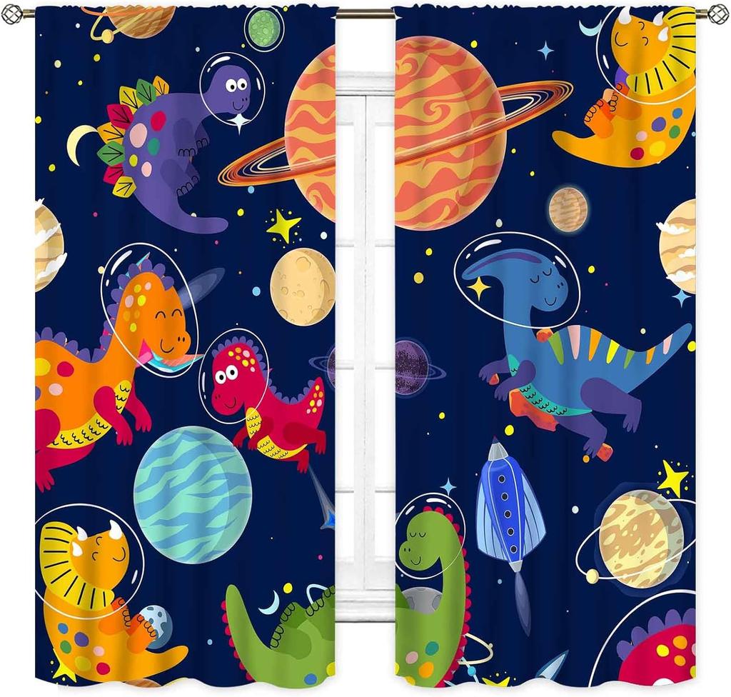 Dinosaur Curtains Boys Room Cartoon Dino Navy Blue Safari Animal Outer Space Planet Astronaut Theme Baby Window Curtain Blackout Polyester