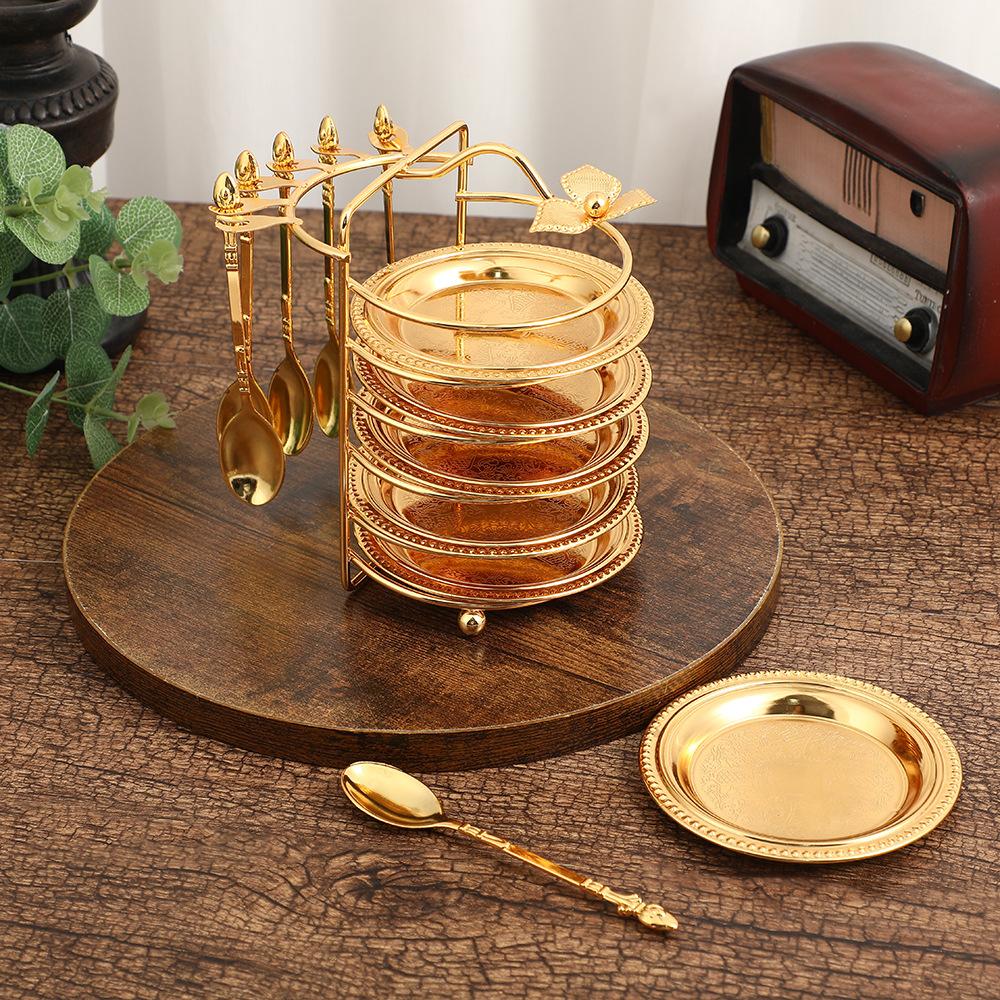 Golden Metal Dessert Plate Snack Plates 6-piece Set Cup Saucer Storage Rack Tasting Plate Cake Plates Fruit Bowl Dim Sum Dish