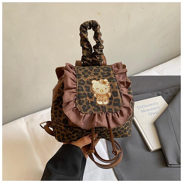Hello Kitty Rucksack im koreanischen Retro-Stil mit Spitze und Leopardenmuster