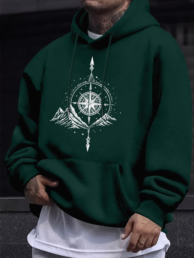 Men's casual hooded sweatshirt for autumn and winter, geometric compass print, outdoor casual fitness long-sleeved top
