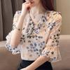 Chiffon Top Ruffled V-neck Flower Sweet Loose Case Half Sleeved T-shirt Commuting Harajuku Spring and Summer