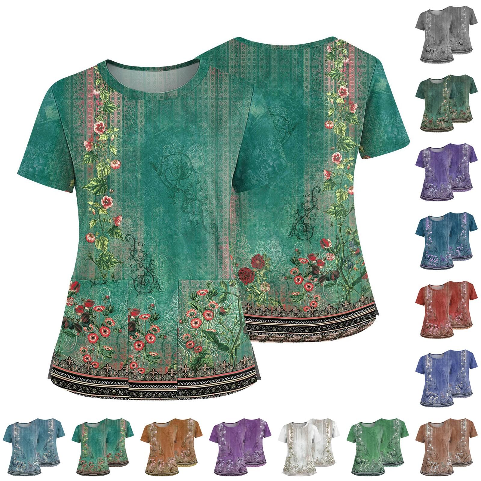 

Women s Fashionable Printed Round Neck Pocket Short Sleeved Shirt With Slit Hem Uniform And Worker s Top XL жовтий