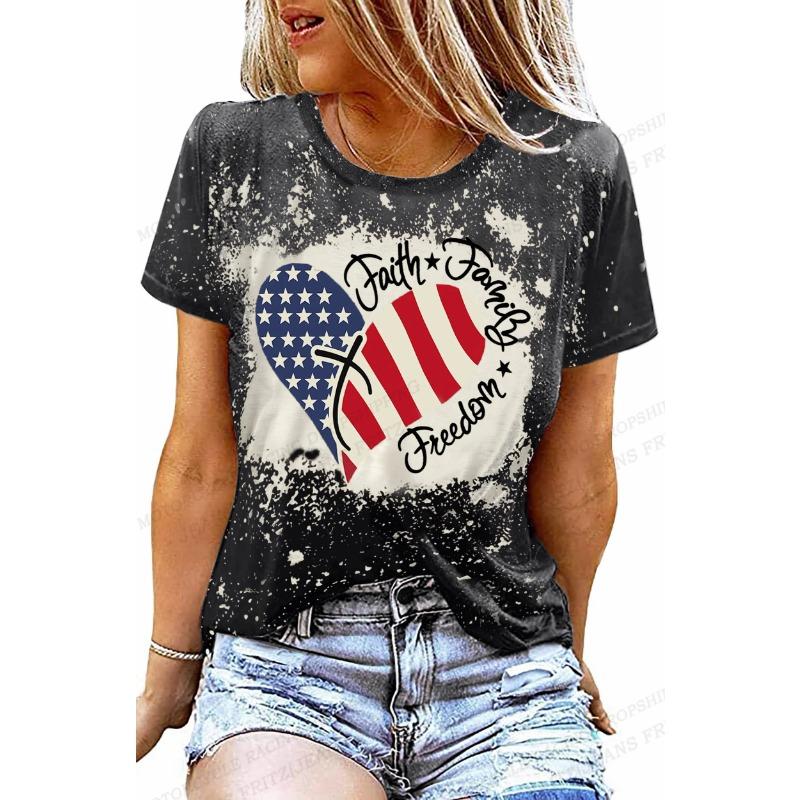 

Summer Round Neck 3D American Flag Print Top Fashionable Casual Short Sleeved Women s T-shirts 4XL