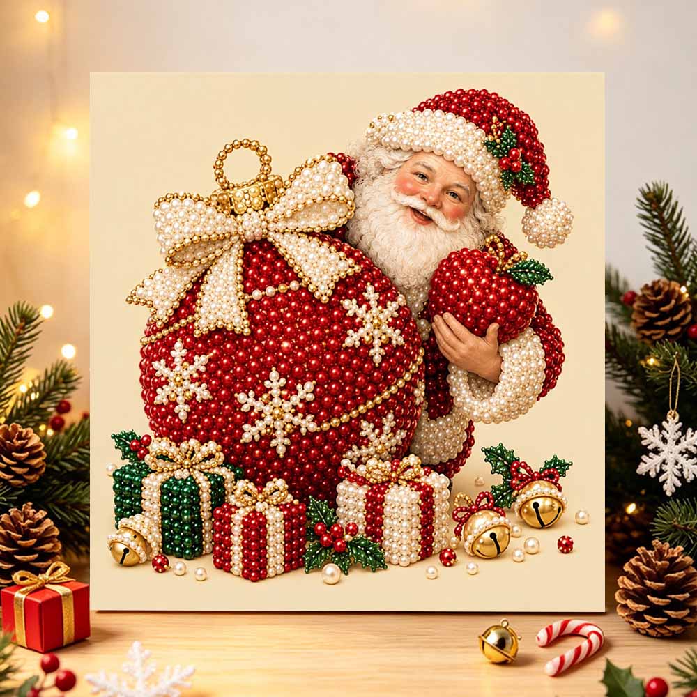 Sparkling Framed Pearl Painting Kit DIY with Santa Claus Holding Christmas Ornament 3D Bead Art Canvas Ready to Display Home Wall Decor Gift