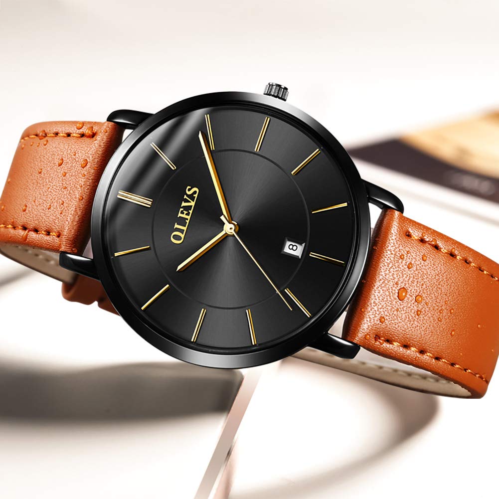 OLEVS Men's Watch 40mm Slim Case Date Display 30m Water Resistant Leather-Style Band Business Casual Multi-Color Options Lightweight 35g Fashion Watch