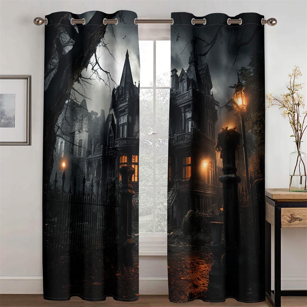 Halloween Horror Castle Curtains Gothic Architectural Style Curtains Ghost Pumpkin Living Room Bedroom Decor Curtains  2 Pcs