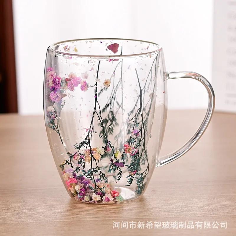 Fillings Dry Flowers Double Wall Glass Cup With Handle Heat Resistant Tea Coffee Cups Espresso Milk Mug Creative Gift