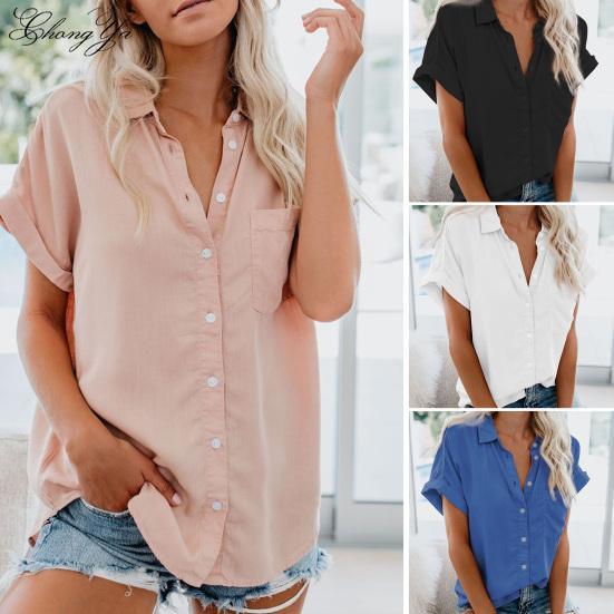 Lapel Short Sleeve Women Shirt Pure Color Simple Loose Shirt Ladies Clothing