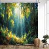 1Pc Sunlit Forest Bath Curtain - Lush Golden Woodland With Wildflowers - Dappled Light Through Canopy - Magical Nature Watercolo