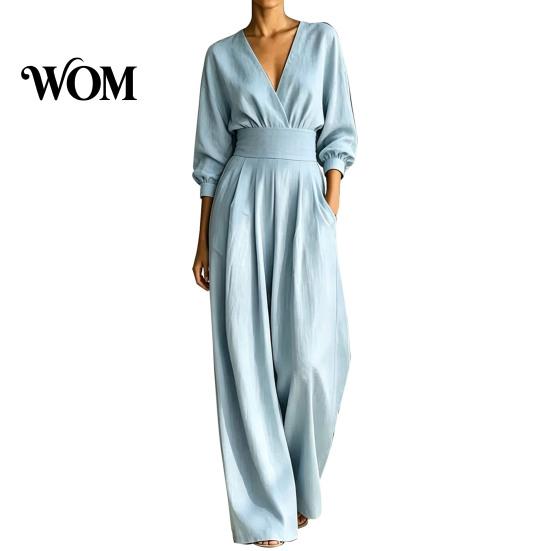 Everyday Wear Jumpsuit Women's Long Sleeve Jumpsuit, Deep V Neck Loose Wide Leg Women Rompers, High Waist Summer Casual One Piece Outfits with Pockets