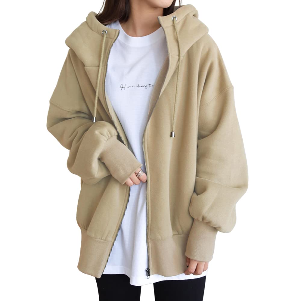 YUESUO Outerwear Long Sleeve Long Loose Solid Women's Zip-Up Hoodie, Coat, Fleece-Lined Hoodie, Sweatshirt, Thick, Length, Warm, Cute, Oversized, Fit,