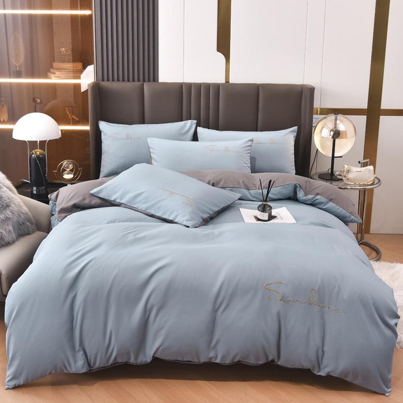Solid Color Embroidery Simple Grinding Four-piece Set European Solid Color Embroidery Quilt Cover Bed Sheet Bedding