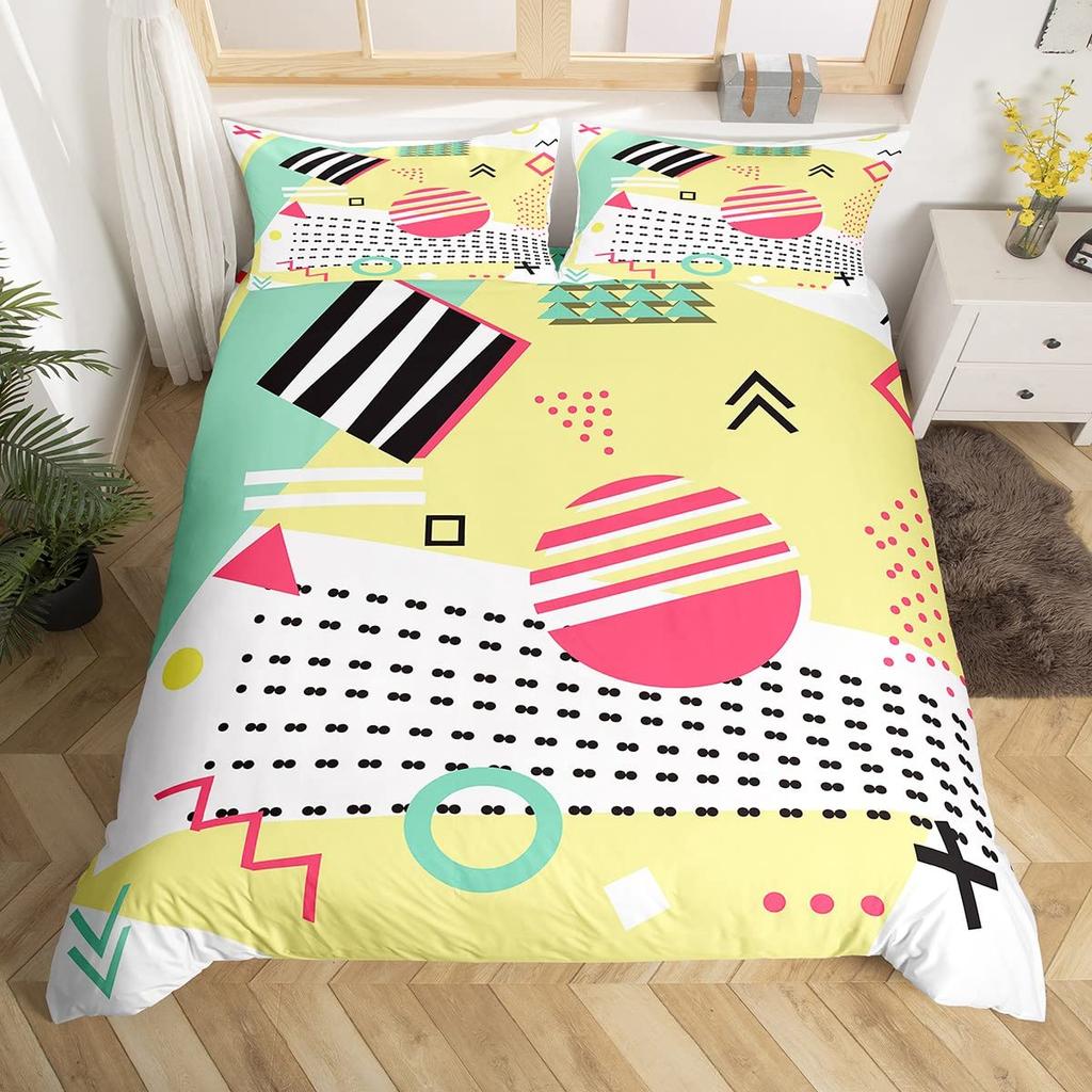 Blau Pink Memphis Bettwäscheset Bunte Abstrakte Bettbezug Hippie Hip Hop Deckenbezug Geometrisch Vintage Mode Steppdeckenbezug