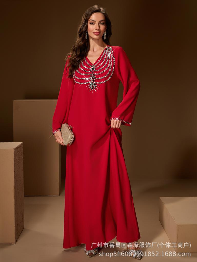 Elegant Rhinestone Long Sleeve V Neck Evening Gown