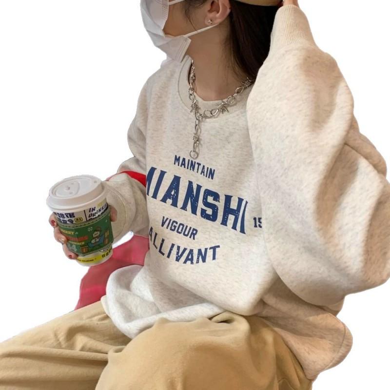 American Streetwear Vintage Oversized Crewneck Sweatshirt Winter Fleece Lined Casual Top