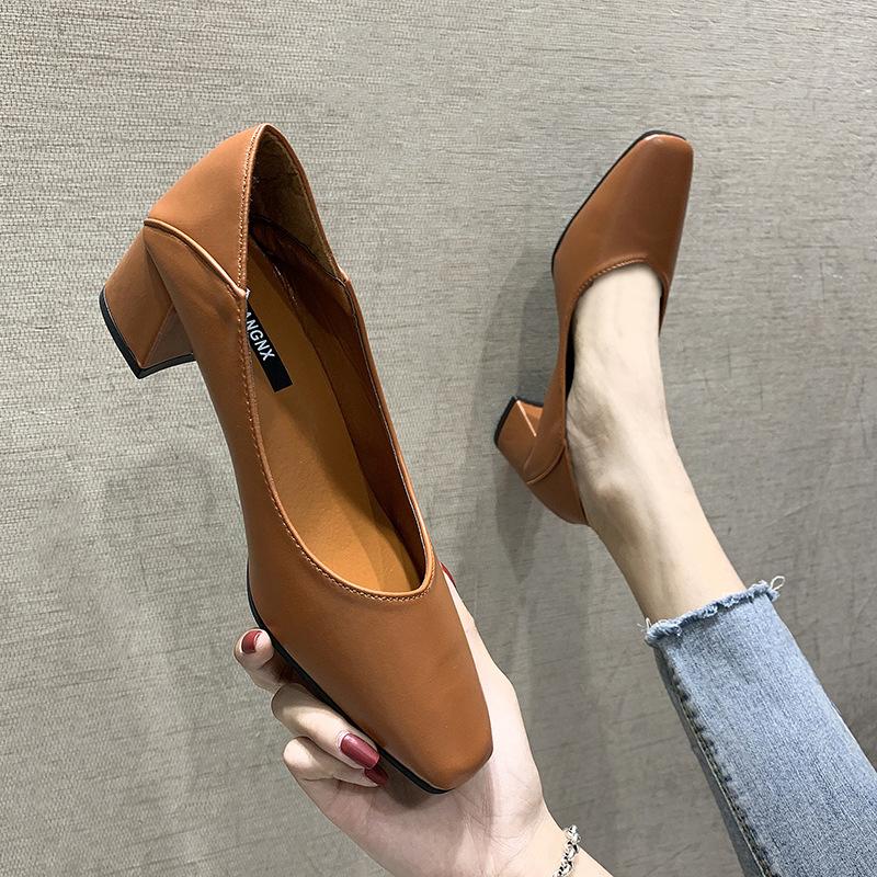 Fashion Shallow Mouth with Follow-up Shoes 2024 New Simple Solid Color Middle Heel Square Toe Daily Work Single Shoe Zapatos De Mujer