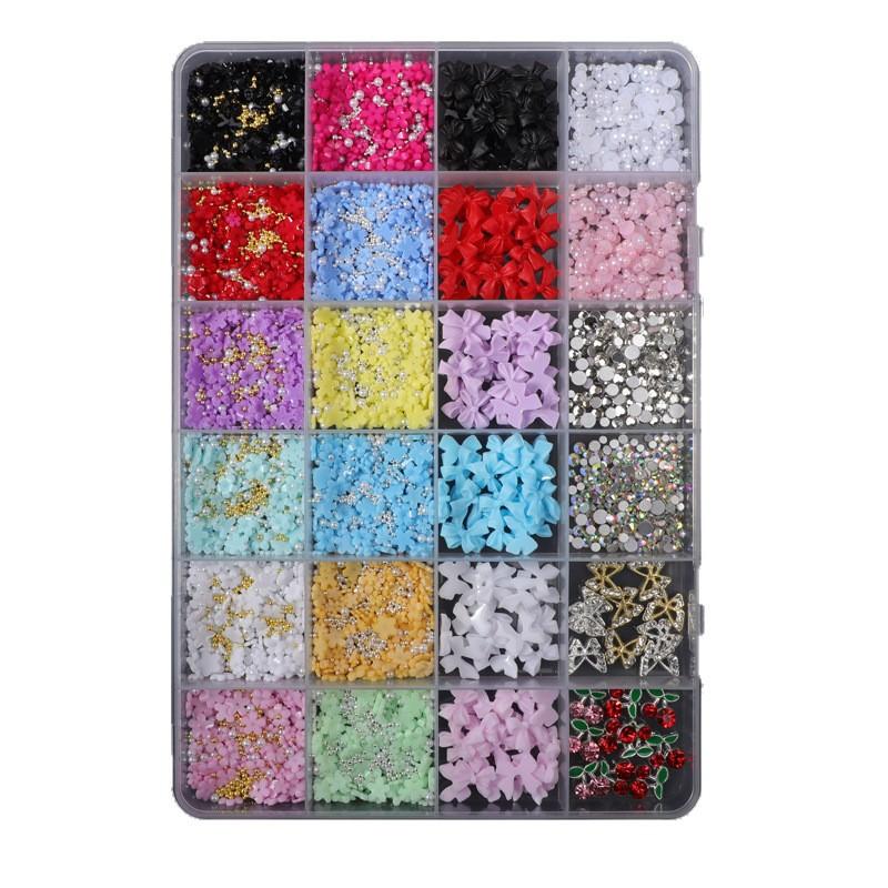 24 Fächer/Box 3D Blumige Nagelkunst-Dekorationen, Bunte Blumen und Goldperlen in gemischter Größe DIY Niedliche Blumige Nagel-Schmuckstücke, Nagelzubehör, Nagelbedarf