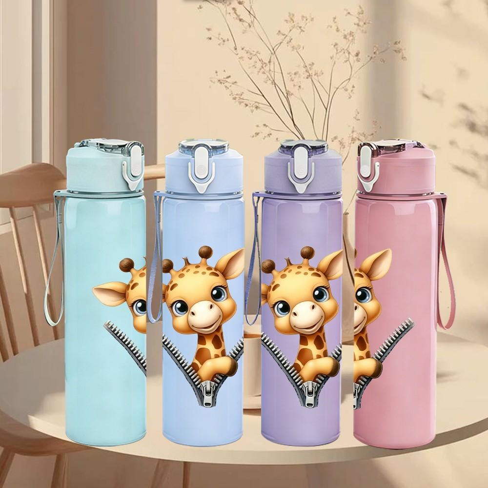 1PC Cute Deer Zipper Surprise Cartoon Portrait 750ml Color Plastic Sports Water Bottle Leakproof Flip Straw Lid Suitable for Sports Office Home Use