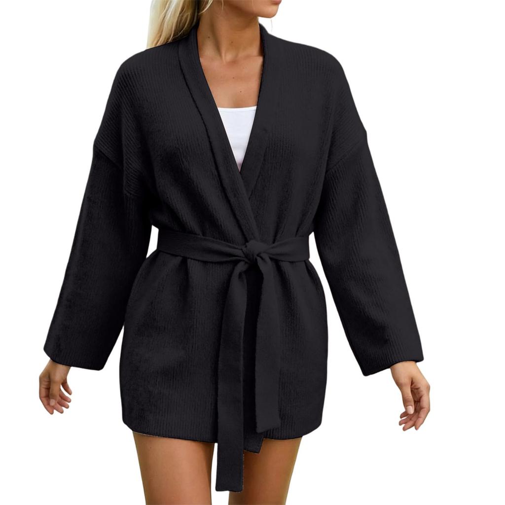 Women's Casual Knit Cardigan with Belted Waist Open Front Sweater for Everyday Wear