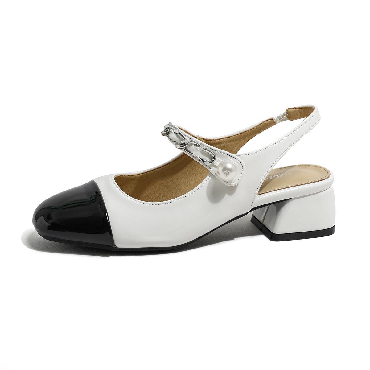 

Leather Mary Jane single shoes women s light shoes thick heel spring new round head French color matching temperament silver single shoes 1 Year Warranty