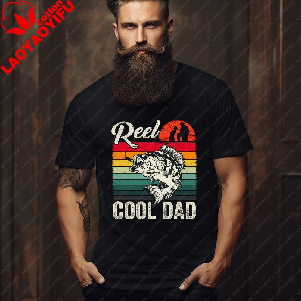 Retro Reel Cool Dad Fishing T-Shirt Vintage Sunset Stripes Bass Fish Print Shirtunisex Summer Casual Crewneck Cotton Short Sleeve